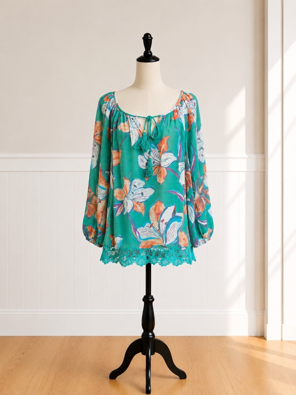 •Unique Spectrum Floral Boho Peasant Blouse with Lace Trim
